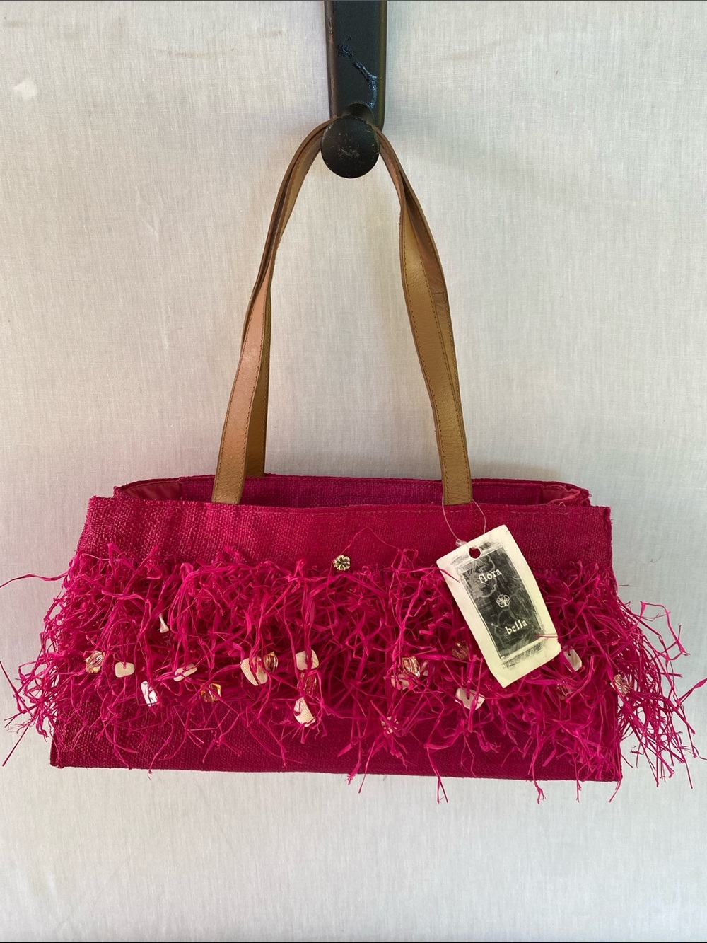 Fuchsia Fringe Tote Bag with Brown Leather Handles